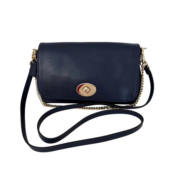 Coach Mini Ruby Leather Pebbled Crossbody Bag Navy Blue Shoulder Baguette F34604 - Picture 1 of 14